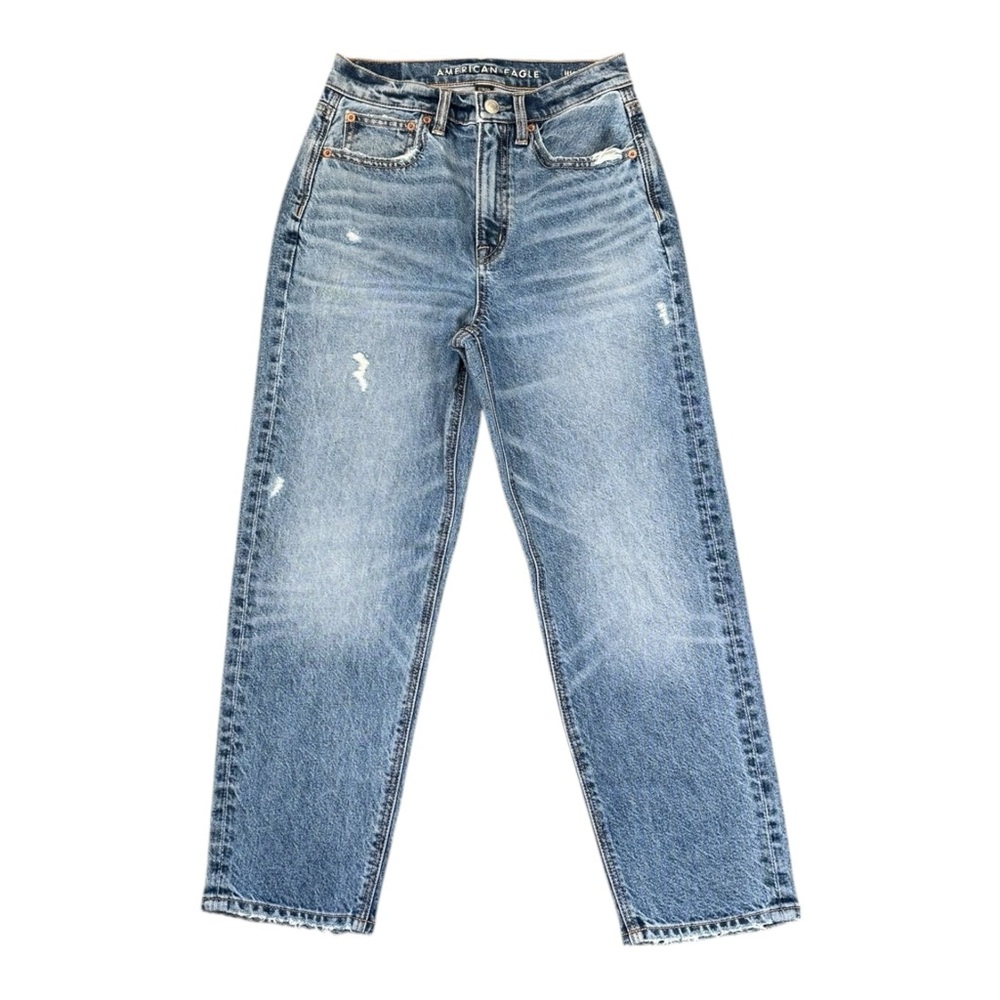 American Eagle Jeans 90s Boyfriend Highest Rise Crop Distressed Blue Denim Sz 0